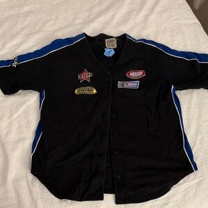 Vintage Black and Blue Racing Patch Button-Up Top